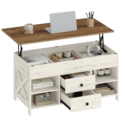 Hzuaneri Mesa de Centro Elevable, Mesa de Salón con 2 Cajones, 3 Compartimentos Ocultos, 4 Compartimentos Abierto, 50 x 100 x 45-61,3 cm, Blanco-Marrón CT22114B