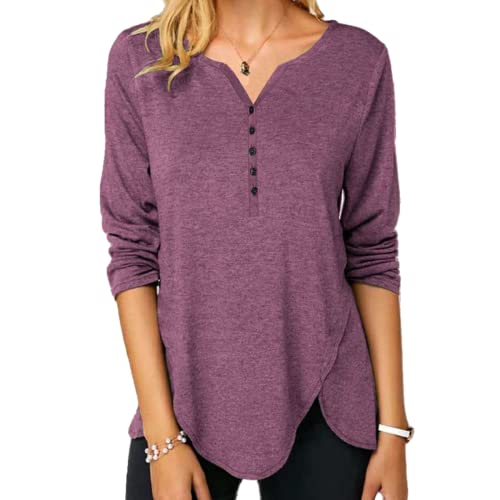 Z&Y Glaa Langarmshirts für Damen, lockerer geknöpfte Tunika, Hemdblusen, Langarmshirts für Damen, Knopfpullover, lockeres, lässiges Sweatshirt, Abgerundeter Saum, Damen-Sweatshirt mit Knöpfen Cover