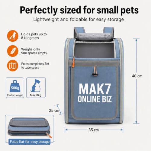 Image of MAK7 Pet Carrier Backpack for Cats, Small Dogs and Puppies, Breathable Mesh Travel Bag with Built-in Safety Leash and Thick Stable Base Pad, Blue