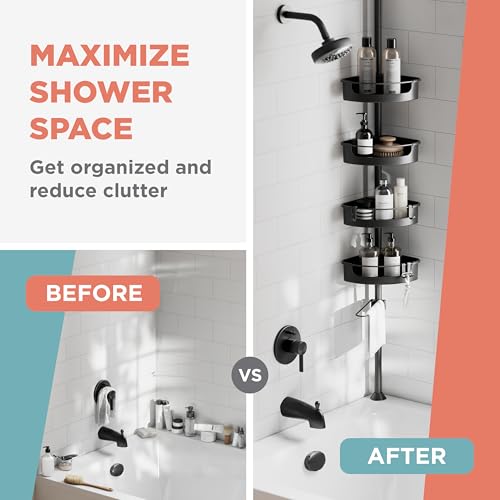 Zenna Home Tension Pole Shower Caddy Corner Organizer - Adjustable Standing Shower Caddy with 4 Baskets, 6 Hooks and Towel Bar, Rustproof Bathroom Tension Rod Organizer, 60 to 108 Inch, Matte Black by Zenna Home - Used condition - Image 9