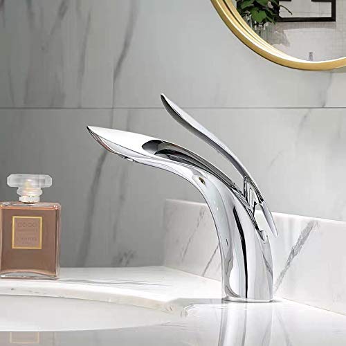 Grifo de lavabo cascada en latón blanco y dorado para agua fría y caliente