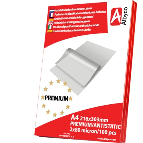 Albyco PREMIUM, Antistatische Laminierfolien, Laminiertaschen - Format A4, 216x303 mm - Dicke 2x80 (160) Mikron - Glänzend - 100 Stück - Transparent