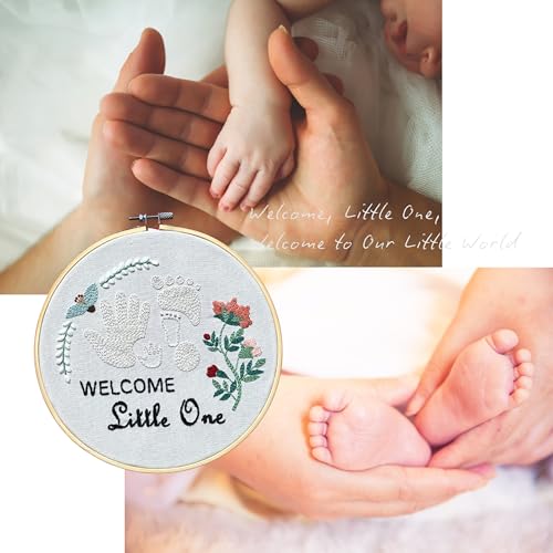 Image of La glaneuse 3 Pack Embroidery Kit for Beginners, Needlepoint Kits for Adults with Baby Hand and Footprint Stamped Embroidery Pattern, DIY Photo Frame Kit for New Mum, New Parent