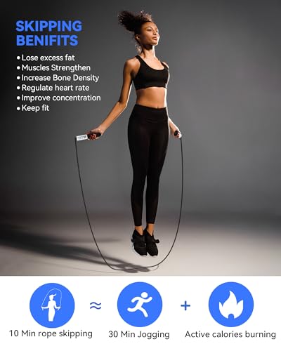 iMoebel Springseil mit Zähler, Verstellbar Speed Rope Seilspringen Stahlseil Anti-Rutsch Griffe Kalorienzähler Timer für Fitness Boxen Abnehmen Crossfit, Schwarz-weiß