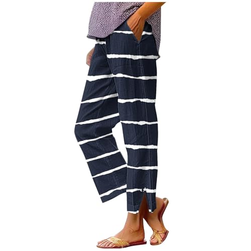 Capri Pants for Womens Striped Lounge High Elastic Waist Loose Fit Comfy Workout Fashion Summer Pant with Pockets S-2XL Dark Blue