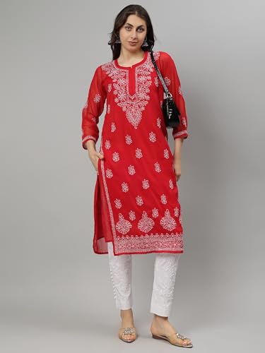 Image of Seva Chikan Hand Embroidered Lucknowi Chikankari Georgette Kurta with Inner Slip SCL4711