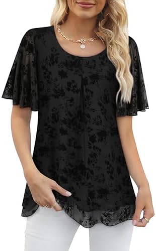 Luranee Women’s Ruffle Short Sleeve Mesh Blouses Dressy Double-Layered Shirt Summer Casual Tunic Tops