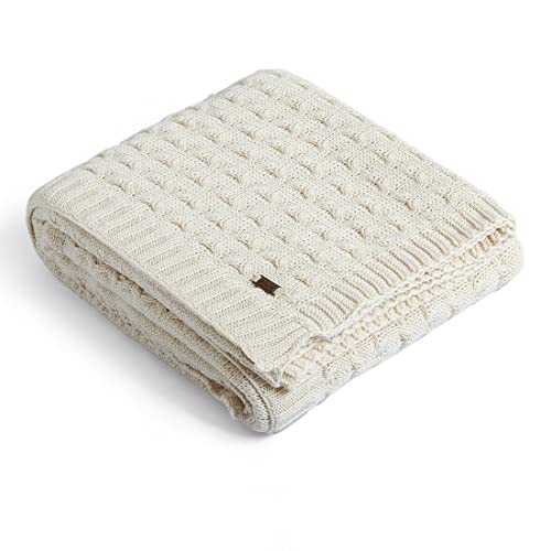 Image of Pluchi Kelly Knit Cotton Knitted Textured All Season AC Throw Blanket for Sofa (Luxurious,125cm X 150cm, 49 x 59 Inches) (Natural)