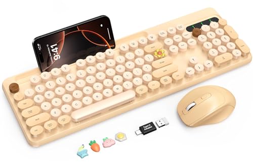 Image of Wireless Keyboard and Mouse Combo, Retro Round Keycaps, Full-Size Stylish Typewriter Keyboard with Phone /Tablet Holder, Ergonomic Mouse with 3-Level DPI, 2.4GHz Connection for Windows /PC (Milk-Tea)