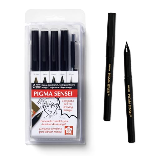 Sakura Pigma Sensei Manga Drawing Kit - Archival Black Ink Pens with Pencil & Eraser - Pens for Drawing Manga, Cartoon, & More - Assorted Nib Sizes - 6 Pack