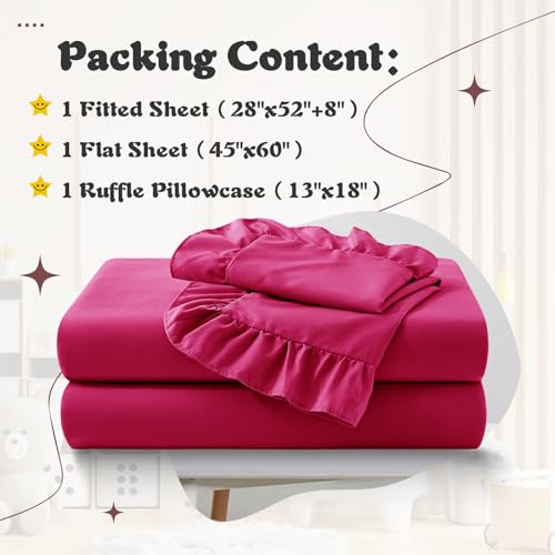 Image of KKJIAF 3 Piece Toddler Sheet Set Microfiber, Includes a Flat Sheet, a Fitted Sheet and a Ruffle Pillowcase, Hot Pink