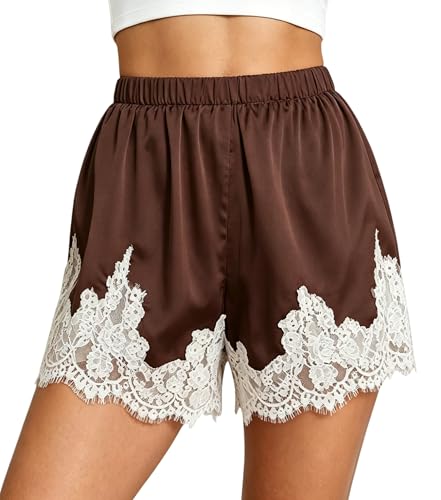 Women Satin Silk Micro Shorts Elastic Waist Lace Trim Slip Shorts Y2k Boxer Short Lounge Bottoms French Knicker(Silk Brown,L)
