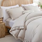 JANZAA Queen Size Comforter Beige Ruffle Comforter Set for Queen Bed 3PCS (1 Off White Comforter and 2 Pillowcases) Vintage Shabby Chic Bedding Soft Fluffy Bed Set for All Season - Image 3