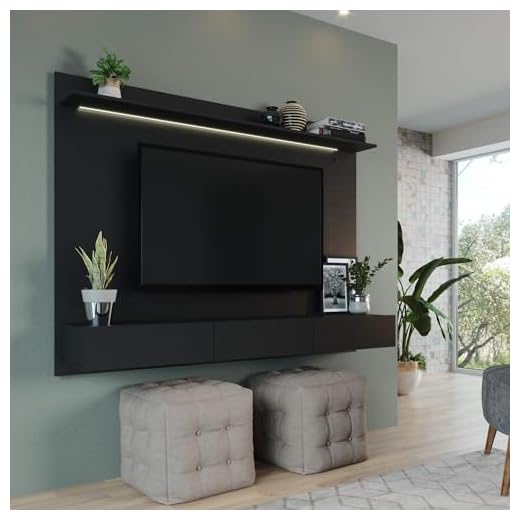 Naomi Home Bliss Modern Freestanding Wall Mounted Entertainment Center Floating TV Wall Panel for 70 inch TVs, Home Theater with LED Strip, Pull-Out Drawers and Overhead Shelf Black/Black