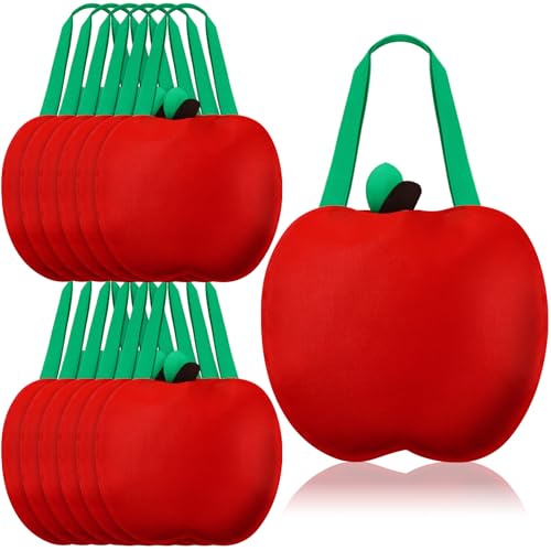 Bulyoou 12 Pcs Apple Gift Bags Bulk Back to School Red Apple Fabric Bags with Handle First Day of School Appreciation Teacher Gifts Classroom Rewards for Summer Autumn Thank You Party Favors