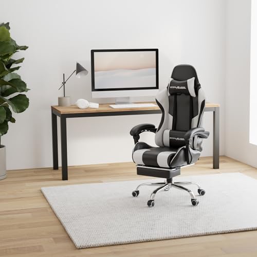 Sedia da Gaming, Ergonomico Sedia da Ufficio, con Massaggiante poggiapiedi e supporto lombare, Schienale Regolabile 90-135°, Portata 150 kg, sedia per computer, bianco - Sedia gaming - Immagine 1