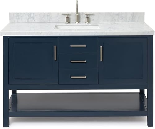 Miniatura 1 de ARIEL Vanidad azul medianoche de 55 pulgadas, encimera y salpicaduras de mármol italiano de Carrara con borde de 1.5 pulgadas, fregadero