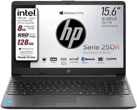 HP 250, Pc portatile notebook, Intel® N150, fino a 3.60 GHz 4Core, Ram 8Gb 3200MHz, SSD 128Gb, Display 15.6" HD Antiriflesso, Win 11 Pro, Lan Rj45 1 Gbit, Type-c, pronto All'uso, Garanzia Italia