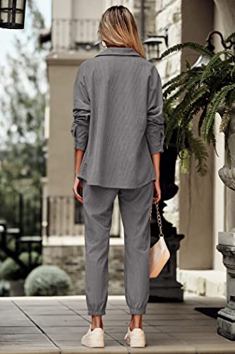Prettygarden Women's 2 Piece Outfits Casual Corduroy Long Sleeve Button Down Jacket And Pants Tracksuit With Pockets (Grey,X-Large) #TOP3