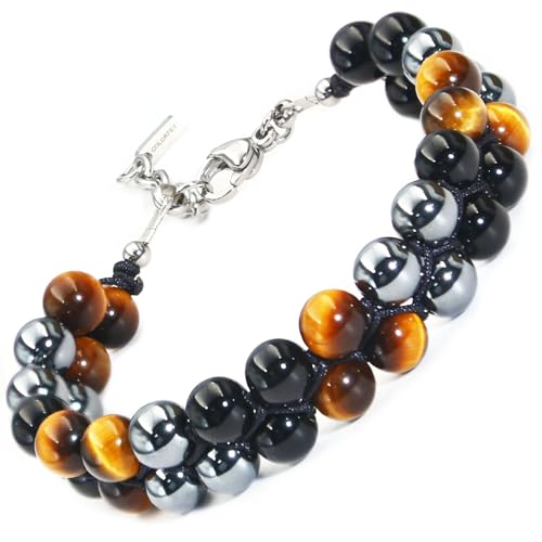 Protection Crystals Beaded Bracelet for Mens Gifts, COLORFEY Real Tiger Eye Black Onyx Stone Bracelets Precious Gemstone Bracelets 8mm, Handmade Healing Energy Crystal Bracelet 2Row for Father Husband