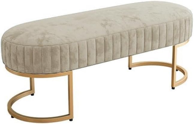 Luxury Velvet Upholstered Ottoman Bench, Beige, 80cm | Gold Metal Frame, Modern, End of Bed Bench, Padded Seating Stool, For Bedroom, Living Room & Entryway-picture-10