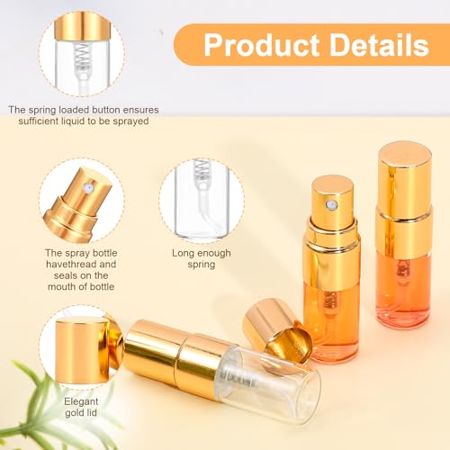 50 Pcs Mini Spray Bottles, 2 ml Clear Glass Perfume Bottles, Refillable Fine Mist Perfume Atomizer, Portable Empty Sample Containers for Cleaning, Essential Oils, Travel (Gold Cap)3