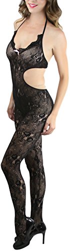 Image of ToBeInStyle Women's Floral Bouquet Lace Cutout Crotchless Bodystocking - Black