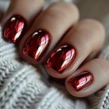 Red Press on Nails Short Square Fake Nails Wine Red Metal Chrome False Nails Glossy Mirror Acrylic Nails Full Cover Holographic Glue on Nail for Women Manicure 24pcs