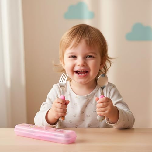 Image of Hian 304 Stainless Steel Kids Spoon & Fork Set - Safe Rounded Edges, Cute Design Easy-Grip Handles, Durable Children's Cutlery with Carry Case, Pack of 2 (Pink)