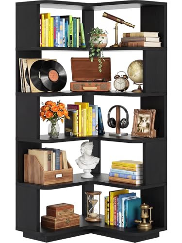 iSunirm Bibliothèque d'angle à 5 Niveaux en Forme de L, Étagère de Rangement Autoportante pour Salon, Bureau et Chambre, Gain de Place, 162 x 60 x 60 cm, Noir