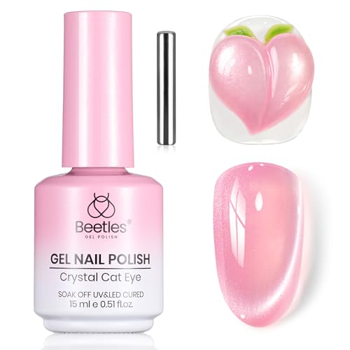 Image of Beetles Peachy Whimsy Pink Cat Eye Gel Nail Polish - 15ML Full Size Glitter Pink Cat Eye Spring Gel Polish Magnetic Shimmer Effect Soak Off UV Nail Art Design Salon DIY Manicure Gift for Women