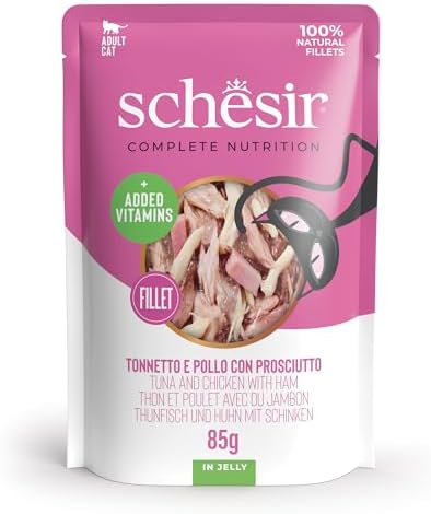 Schesir, Thunfisch und Huhn mit Schinken in Gelee, vollständiges Nassfutter für Katzen, im Beutel, 100 % natürliche Zutaten, Cruelty Free, 12 × 85 g