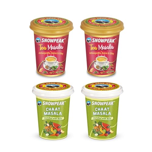 Image of Snowpeak Combo Pack Chaat Masala 50g x 2 + Tea Masala 50g x 2 |Chatpata Chaat Seasoning for Fruits, Snacks & Salads | Aromatic Masala Chai Blend 13 spices | 100% Natural, No Preservatives | Digestive & Refreshing, 200g Total