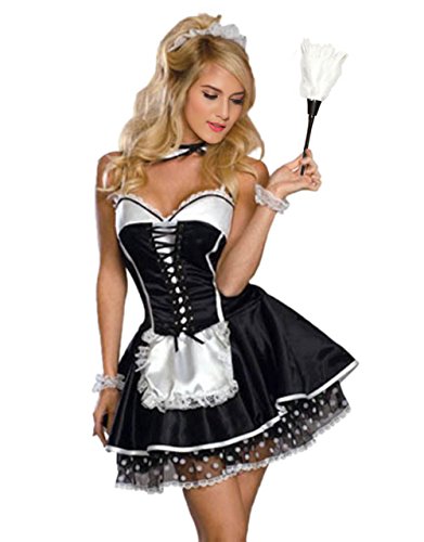 French Maid Costume - XS- 5XL Women Sexy Naughty French Maid Fancy Dress Uniform for Halloween (2XL) Black