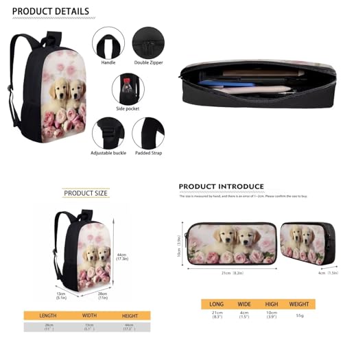Golden Retriever Printed Backpack Set with Lunch Box and Pencil Pouch, Rose Printed 3 Pcs Schoolbag for Boys Girls Teens with Adjustable Strap, 17 Inch Knapsack for Travel Camping3