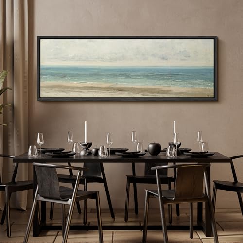 Image of MUDECOR Large Framed Canvas Print Wall Art Classic Coastal Shore Neutral Toned Seascape Antique Retro Ready to Hang Painting for Living Room Bedroom Multi-Sizes - 60 inchx20 inch
