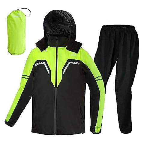 VIKAMAKA Rain Suit for Men, Waterproof Breathable Lightweight Rain Jacket and Pants with Hoodie for Motorcycle Cycling Fishing (Fluo&Black, Medium) Cover