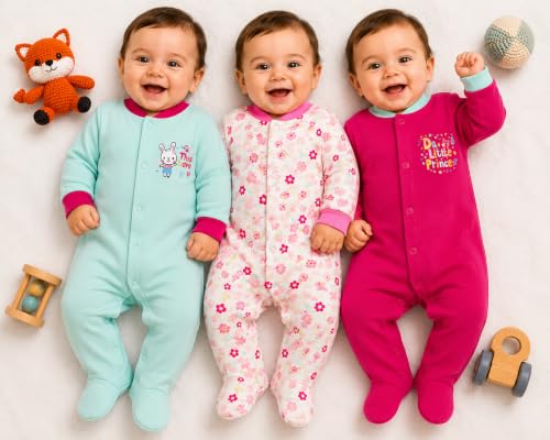 Image of EIO 100% Cotton Baby Rompers Sleepsuits Jumpsuits Night Suits for Newborn Baby Boys & Girls | Soft Infant Bodysuit | Pack of 3 Kids Rompers