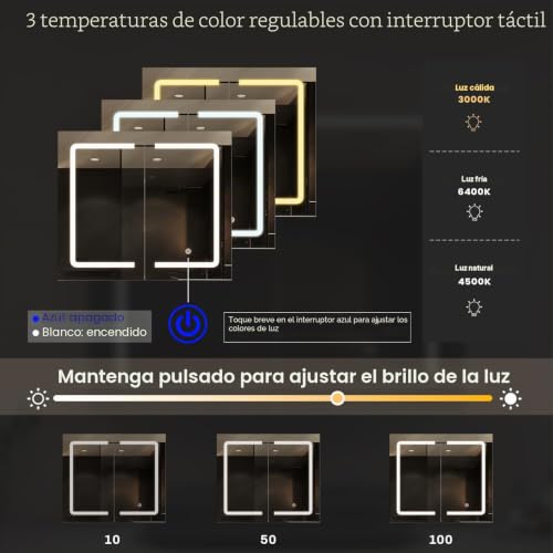 Miniatura 5 de Dictac Armario Con Espejo De Baño Con Iluminación Y Enchufe, Armario De Doble Puerta Con Espejo, 70 X 16 X 60 Cm, Armario Colgante, Espejo De Baño, 3 Temperaturas De Color Regulable, Color Blanco