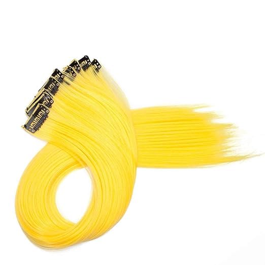 Prime Synthetic Hair Color Streaks 20 Inch Long Clip In Hair Extensions for Women and Girls (Set of 2) (Yellow)-image-7