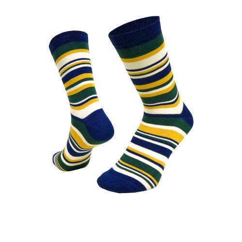 SockSoho Men's Cotton Premium Colorful Stripes Regular Socks - Havana Edition (Brunswick Green, Prussian Blue, Off-White and Yellow, Free Size)