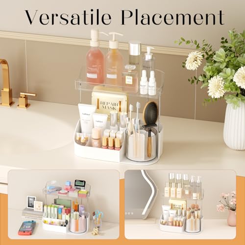 Rotating Makeup Organizer w/Makeup Brush Holder, 2 Tier Bathroom Countertop Organizers, Large Cosmetic Organizer Countertop, Vanity Organizers and Storage for Skincare, Lotion, Lipstick -White by FullMeet - Image 6
