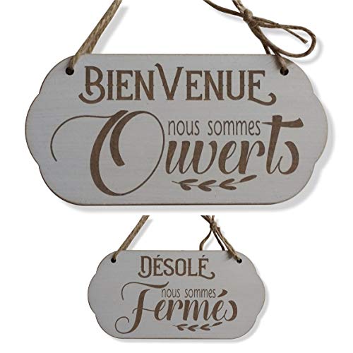 Craf'u Bienvenue Ouvert/Fermé Panneau de Boutique Bois Shabby Suspendue Plaque de Porte Magasin (Moyen 11,4 x 22,8 cm)