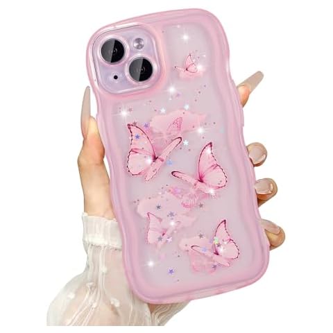 UEEBAI Wave Case for iPhone 15, Pretty Bling Glitter Case for Women Cute Shiny Phone Case for Girls Bling Stars Clear Case Butterfly Curly Wave Case Shockproof Girly Case - Pink Cover