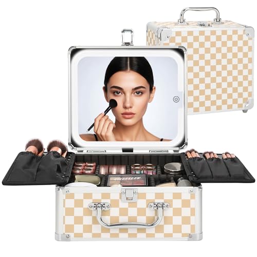 Image of Relavel Makeup Bag with LED Mirror, Makeup Box Travel Train Case with Lighted Mirror & Adjustable Dividers, Cosmetic Brush Organizer Storage for Makeup Artists Gifts for Women and Girls (Plaid, Small)