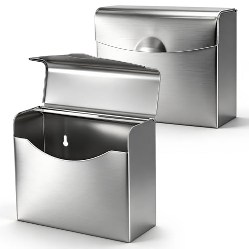 2 Pack Sanitary Napkin Disposal Receptacle, Wall Mounted Tampon Holder, Stainless Steel Flip Top Receptacle Bin Waste Trash Can for Public Restroom, Provides Clean & Odor-Free
