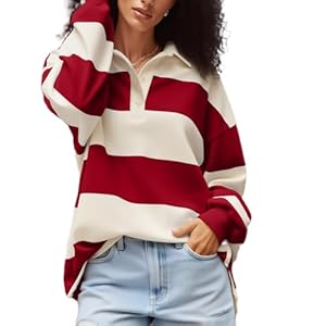 Women Striped Polo Shirt Y2K Oversized Long Sleeve Collared Pullover Jersey Sweater Vintage Loose Rugby Sweatshirt