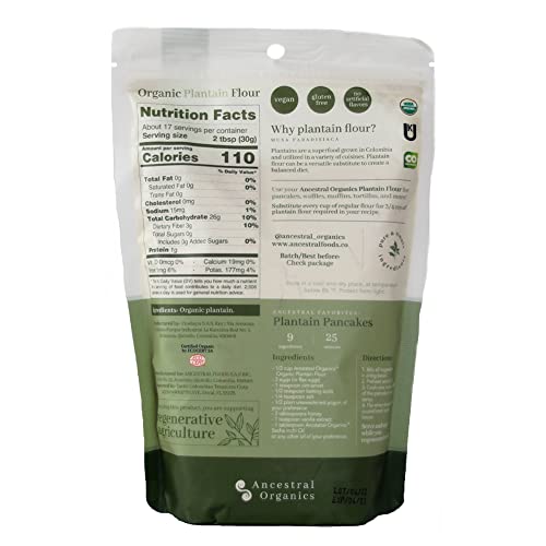 Organic Plantain Flour By Ancestral Organics, 17.63Oz (500G) | Gluten Free All Purpose Flour Alternative, High Fiber & Vitamins, Rich In Potassium, Low Calorie, Sugar Free, Single Origen, Keto/Paleo Diets #TOP1