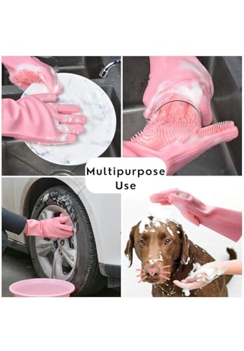 Image of Hand Gloves for Kitchen Cleaning, Dish Washing Silicone Gloves Dishwashing Hands wash utensil for women men, Home essentials Pet Hair Care Grooming, Car, Bathroom (Multicolour, Pack of 1)