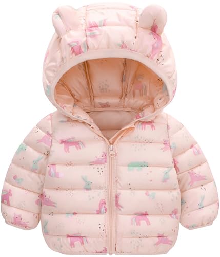 Toddler Baby Puffer Jacket Kids Boys Girls Hooded Coat Bear Ear Thicken Warm Winter Coat Waterproof Outwear Jacket with Zipper Pink 12-18 Months